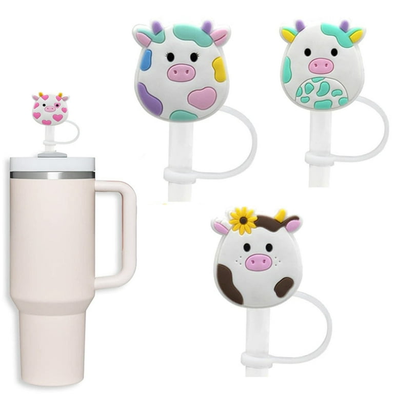 4 Pcs Reusable Silicone Straw Covers Cap Cute Cartoon Cow Straw Toppers  DustProof Drinking Straw Tip Lids for Tumblers 