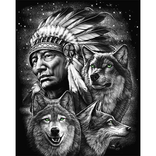 Kit de pintura al óleo de indios y lobos de dibujo por números, cuadro sin marco, decoración de pared FLhrweasw Nuevo