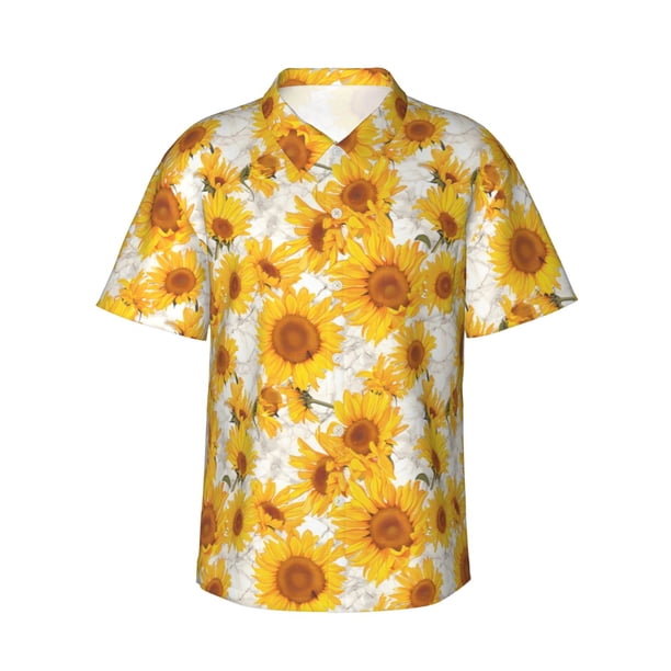 Balery White Marble Pattern Sunflower Camisas hawaianas de manga corta para hombre, camisas playeras de corte holgado, camisas de vacaciones con botones,Large