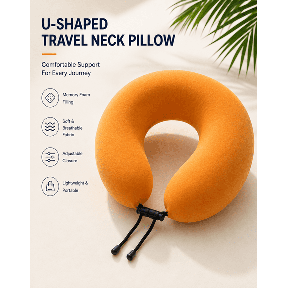 Memory Foam Travel Neck Pillow, Soft Breathable Fabric U-Shaped Neck Support Pillow with Adjustable Drawstring, Lightweight Portable Neck Cushion