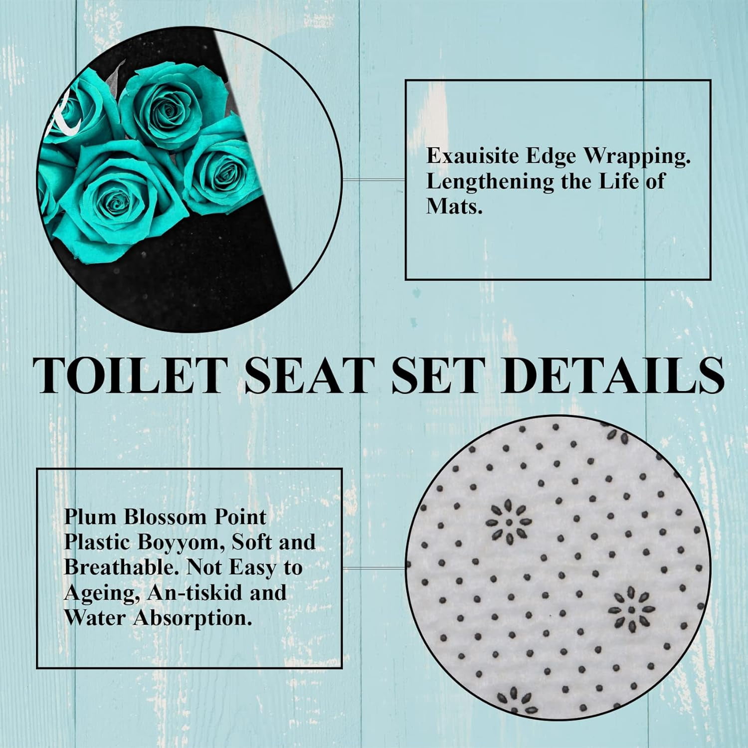 Teal Rose Shower Curtain Set, Thankful Grateful Blessed Turquoise Bathtub Curtain with Non-Slip Rug, Toilet Lid Cover, Bath Mat and 12 Hooks, Romantic Green Floral Bathroom Decor