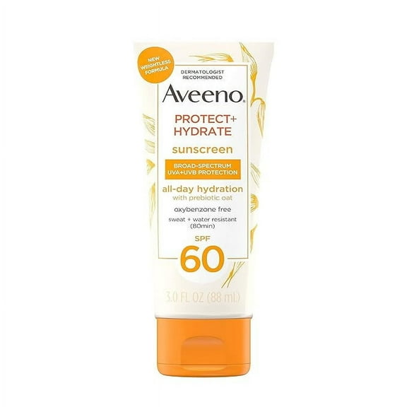 Aveeno Protect   Hydrate Moisturizing Body Sunscreen Lotion with Broad Spectrum SPF 60 & Prebiotic Oat, Weightless & Refreshing Feel, Paraben-Free, Oil-Free, Oxybenzone-Free, 3.0 fl. Oz