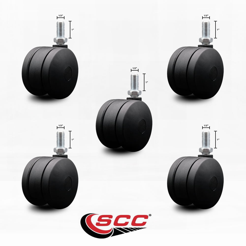 3 Inch Office Chair Casters Nylon Twin Wheel 1/2 Threaded Stem Set of 5 SCC