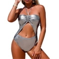 thumbnail image 2 of Swim Dress Women, Womens Bathing Suits, Ladies Swimsuits, Women Cutout One Piece Swimsuit Metallic High Cut Halter Monokini Bathing Suit Shiny Swimwear Rave Bodysuit Outfit, Gray L, 2 of 6