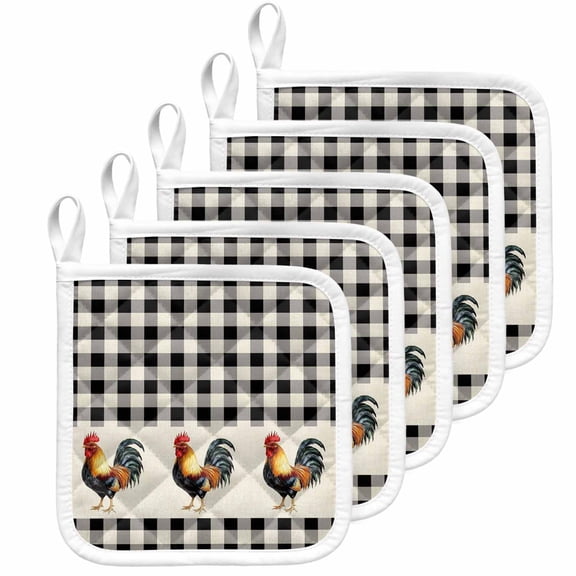 Black White Plaid Rooster Pot Holders for Kitchen Heatproof Potholder, 5 Pack Vintage Farmhouse Checkered Rustic Hot Pads Multipurpose Oven Pads Cloth Potholders Trivet for Cooking Baking