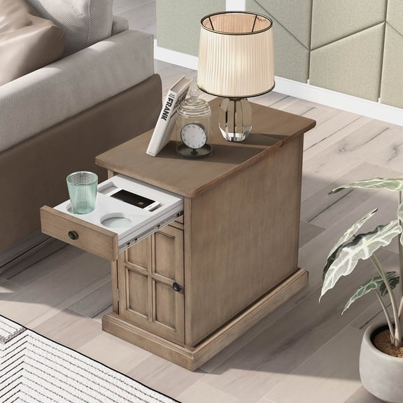Harper & Bright Designs Vintage End Table with USB Ports Drawer and Cup Holders, Sofa Side Table Bedside Nightstand Narrow Table for Living Room Bedroom, Antique Brown