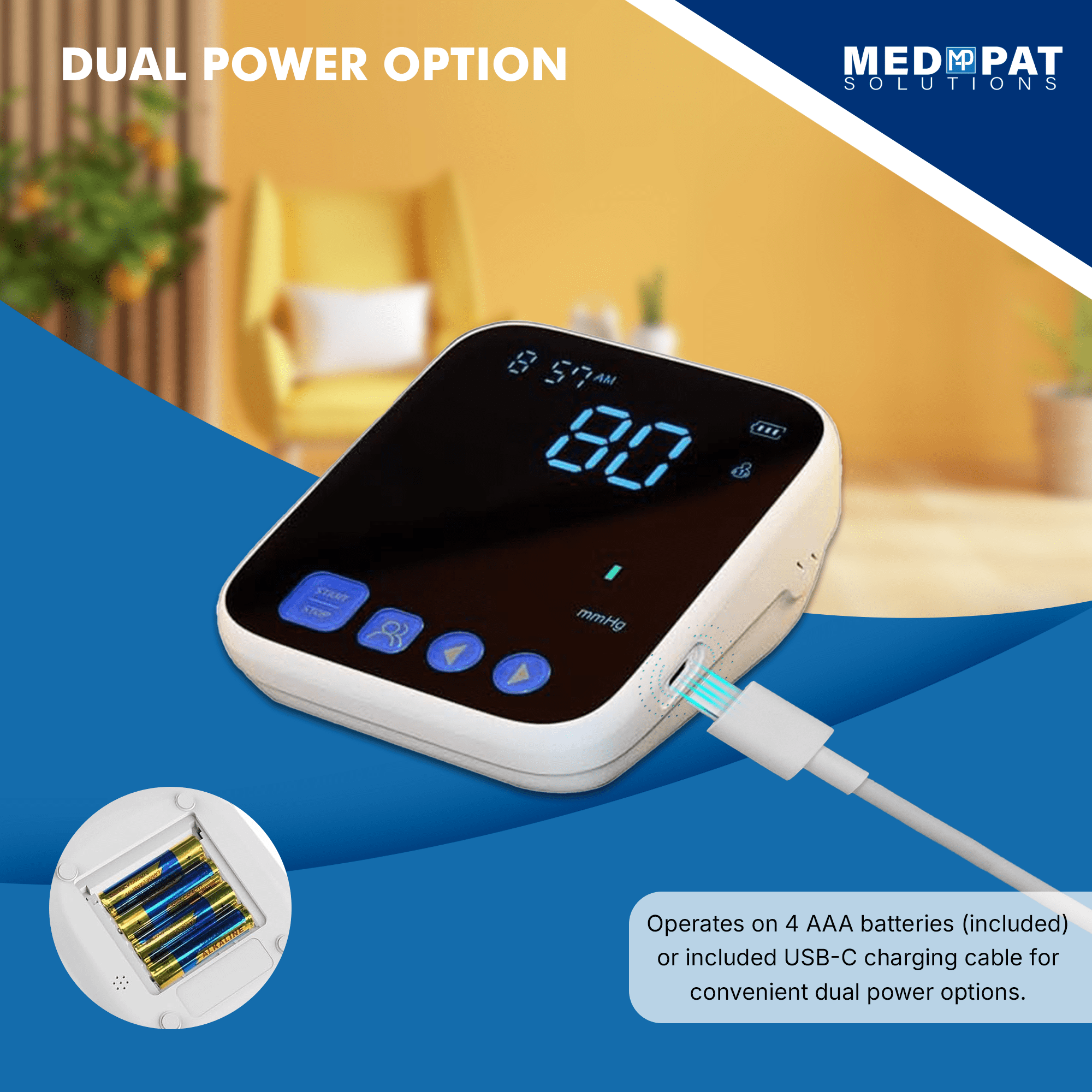 Med-Pat Digital Oscillometric Blood Pressure Monitor BP-S with Adjustable Cuff and Large LED Display, FDA Approved