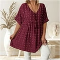 thumbnail image 2 of Swiss Dot Babydoll Tops Womens Loose Short Sleeve V Neck Flowy Blouse Solid Color Trendy Summer Vacation Outfits (XL, Wine), 2 of 6