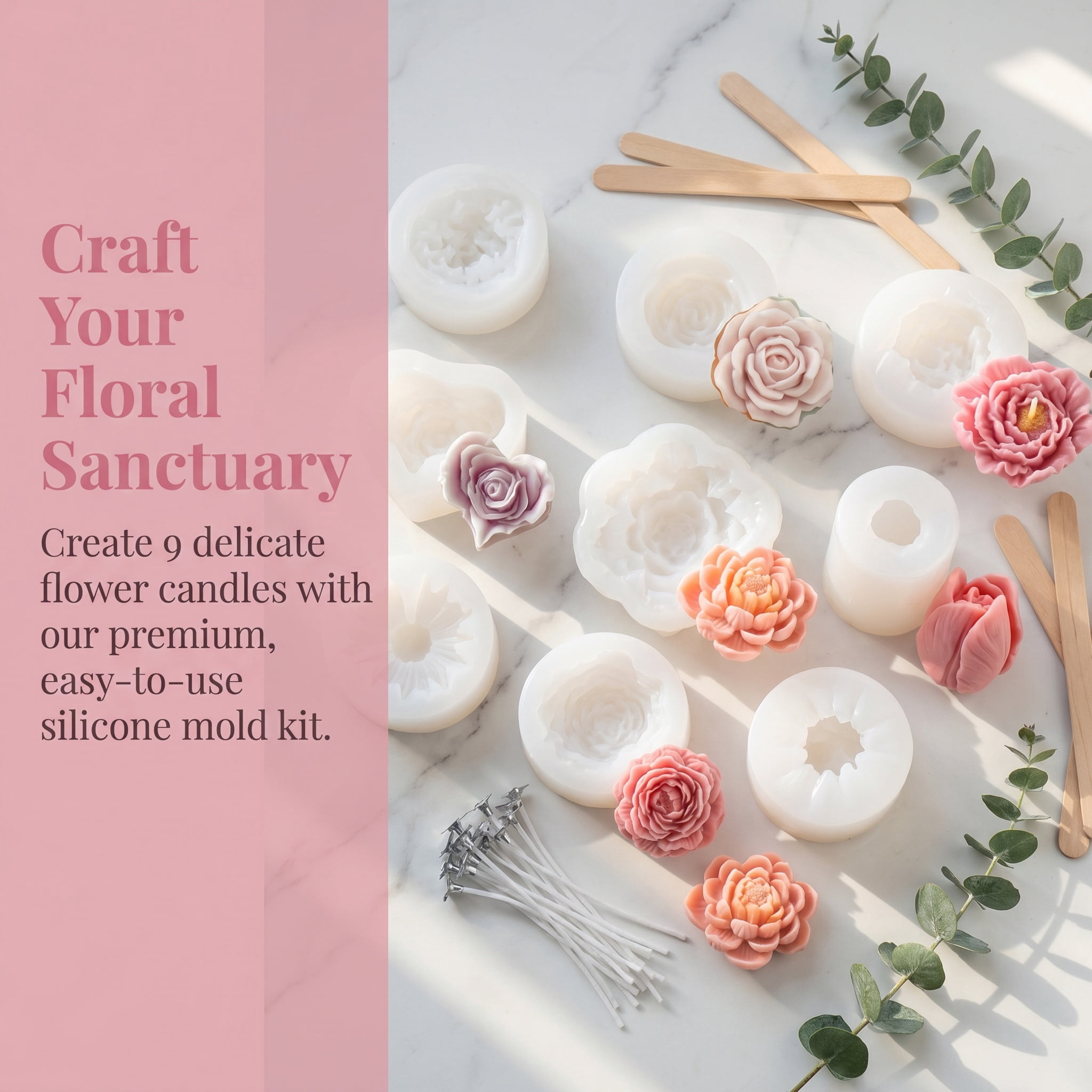 9 Pcs Flower Silicone Molds Kit with 100 Candle Wicks, Food Grade 3D Floral Molds for Candle Making, Soap, Chocolate, Wax Melts, Resin DIY Crafts