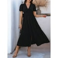 thumbnail image 3 of Women Summer Casual Midi Dress Puff Sleeve V Neck Ruched Button Front Split Boho Beach Vacation Wedding Dresses 2025 Black S, 3 of 8