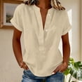thumbnail image 5 of Craaazy Women's Relaxed Fit V Neck Blouse, Solid Color Short Sleeve Linen Cotton Tops, Comfy Casual Shirt for Summer Gifts, 5 of 6