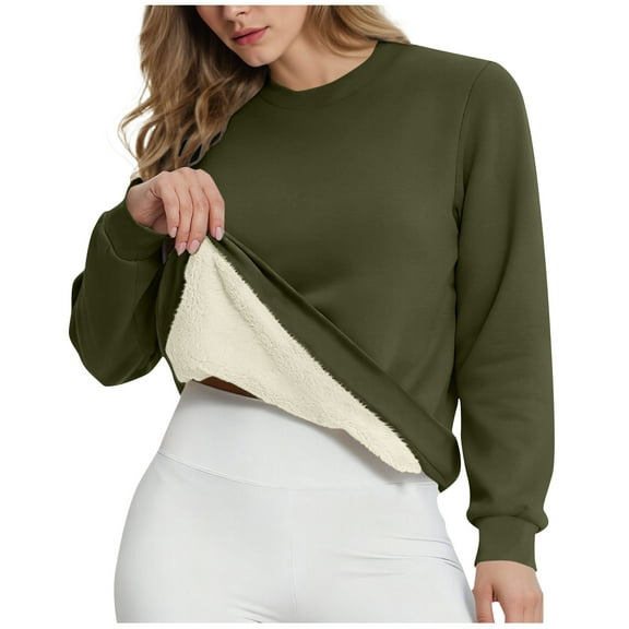 ZQGJB Winter Women's Crewneck Sweatshirt Sherpa Fleece Lined Thick Warm Long Sleeve Pullover Shirt Cozy Sweaters Long Sleeve Loungewear Tops Army Green S