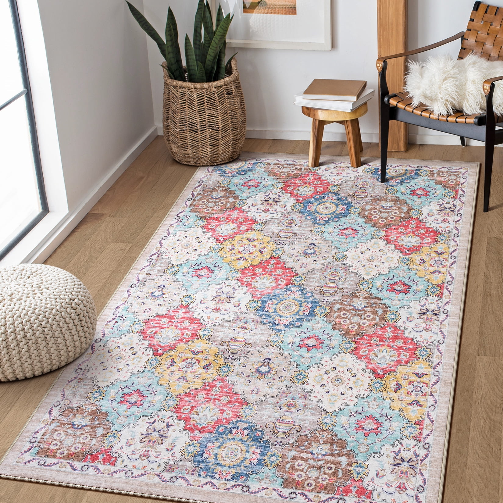 Toyoso 3x5 Area Rug Living Room Rugs - Washable Vintage Floral Soft Thin Large Rug Indoor Floor No Slip Rug Carpet for Bedroom Under Dining Table Home Office Decor - Multi Red