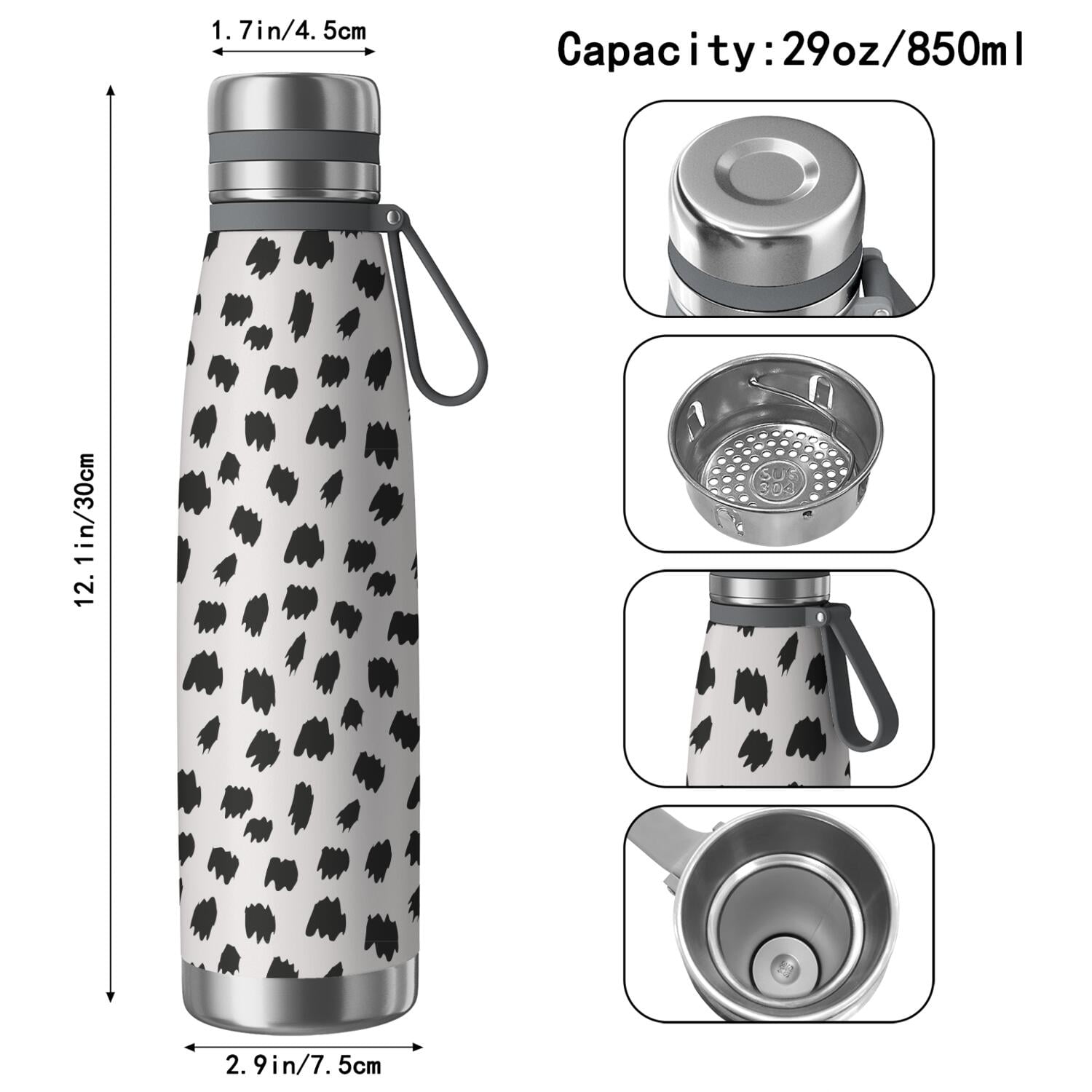 29oz Insulated Water Bottle with Tea Infuser, Stainless Steel Travel Mug, Animal Leopard Print