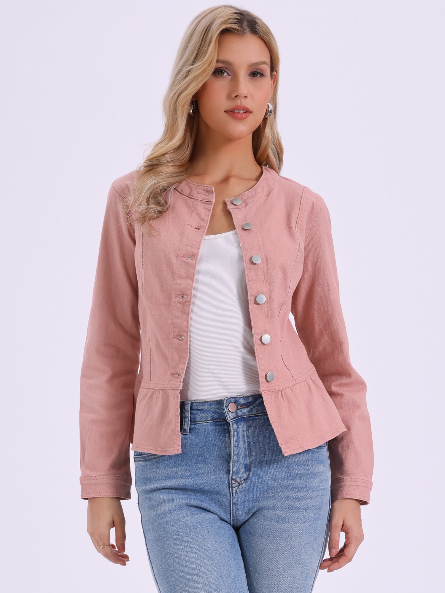DARING DIVA Women's Peplum Hem Button Down Collarless Jean Jacket XL Dusty Pink