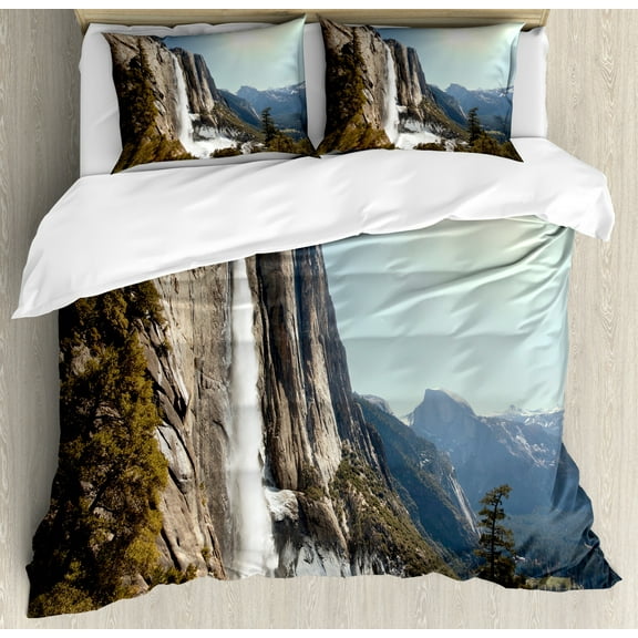Yosemite Duvet Cover Set Queen Size, Yosemite Falls Mountain Sunshine Alpine Trees Dramatic Natural Wilderness Landscape, Decorative 3 Piece Bedding Set with 2 Pillow Shams, Green, by Ambesonne