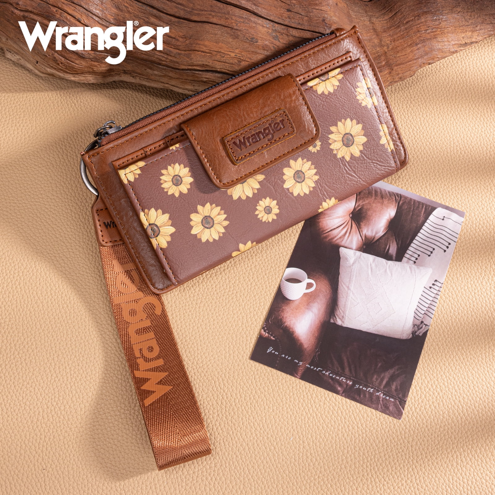 Wrangler Wallet for Women Floral Wristlet Wallets Ladies Female Large Clutch Wallets with Coin Purse and Rfid Lining, Brown