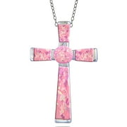 Created Pink Opal Sterling Silver Cross Necklace, 18"