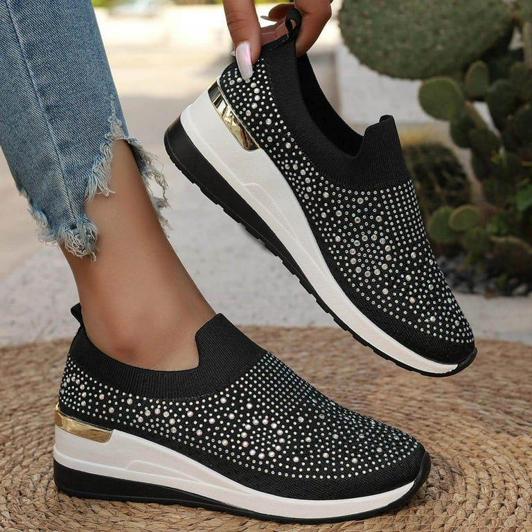 Mepaouo Women's Slip on Walking Shoes Rhinestone Glitter Low