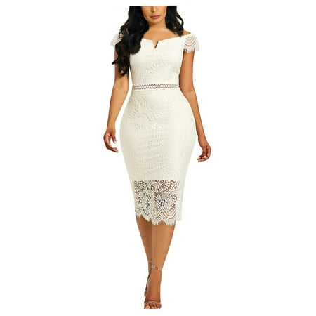HIMIWAY Summer Dresses for Women 2023 Wrap Dress for Versatile Style Women s Fashion Sexy One-line Shoulder Bag Buttock Short Sleeve Lace Lace Solid Color Zip Dress White 3XL