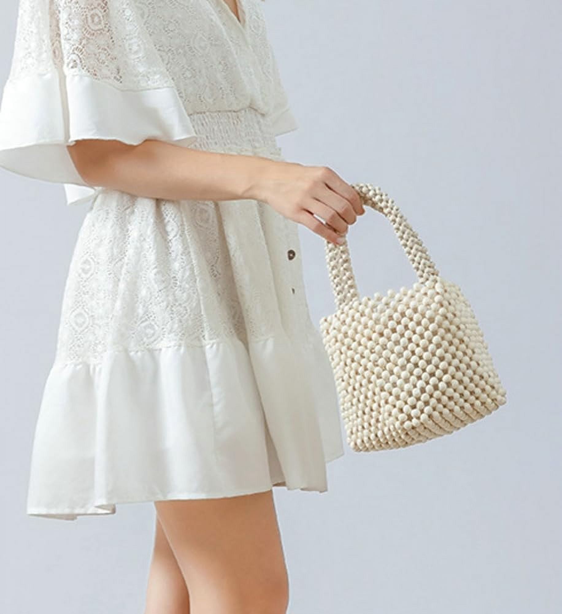 Handwoven Handbags for Women Wood Beads Hollow Mini Hobo Purses Summer Beach Totes Evening Bucket Bags for Party
