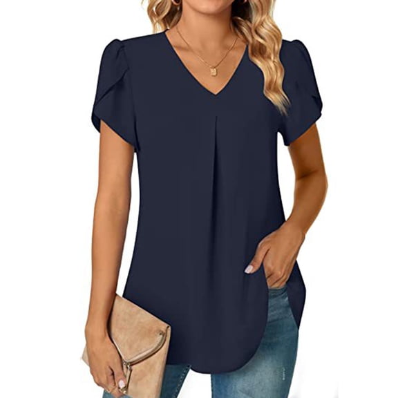 Women's Summer Tunic Tops Dressy Casual Chiffon Blouses Plus Size V Neck Short Sleeve T-Shirts Navy M