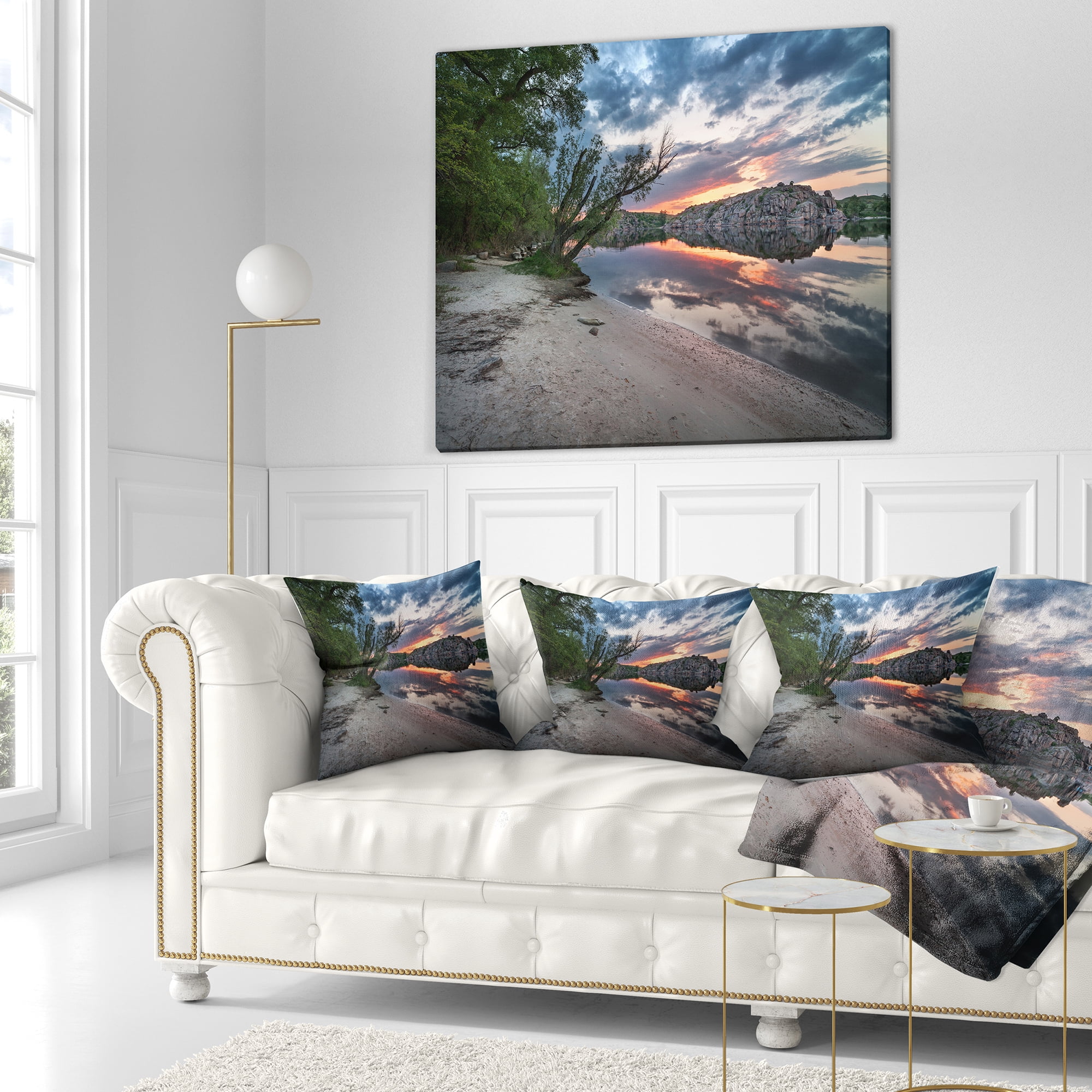 Designart Sunset at River with Large Rock - Landscape Photo Throw Pillow - 18x18