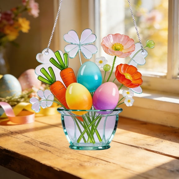 Yannianjz Easter Decorations, Stained Glass Acrylic Window Hanging Ornament, Easter Egg and Flower Farmhouse Decor, Spring Home Gift for Window Garden and Indoor Wall, 20cm Hanging Decoration