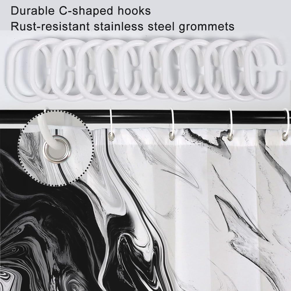 Black and White Shower Curtain, Modern Abstract Marble Shower Curtain for Bathroom Aesthetic Ink Texture Waterproof Fabric Shower Curtain Set with Hooks, 72x72 Inch