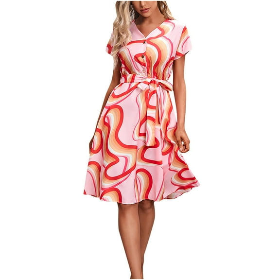 Womens Classy Summer Dress Aesthetic Print Short Sleeve V Neck Button Belted Swing Casual Beach Dress Knee Length