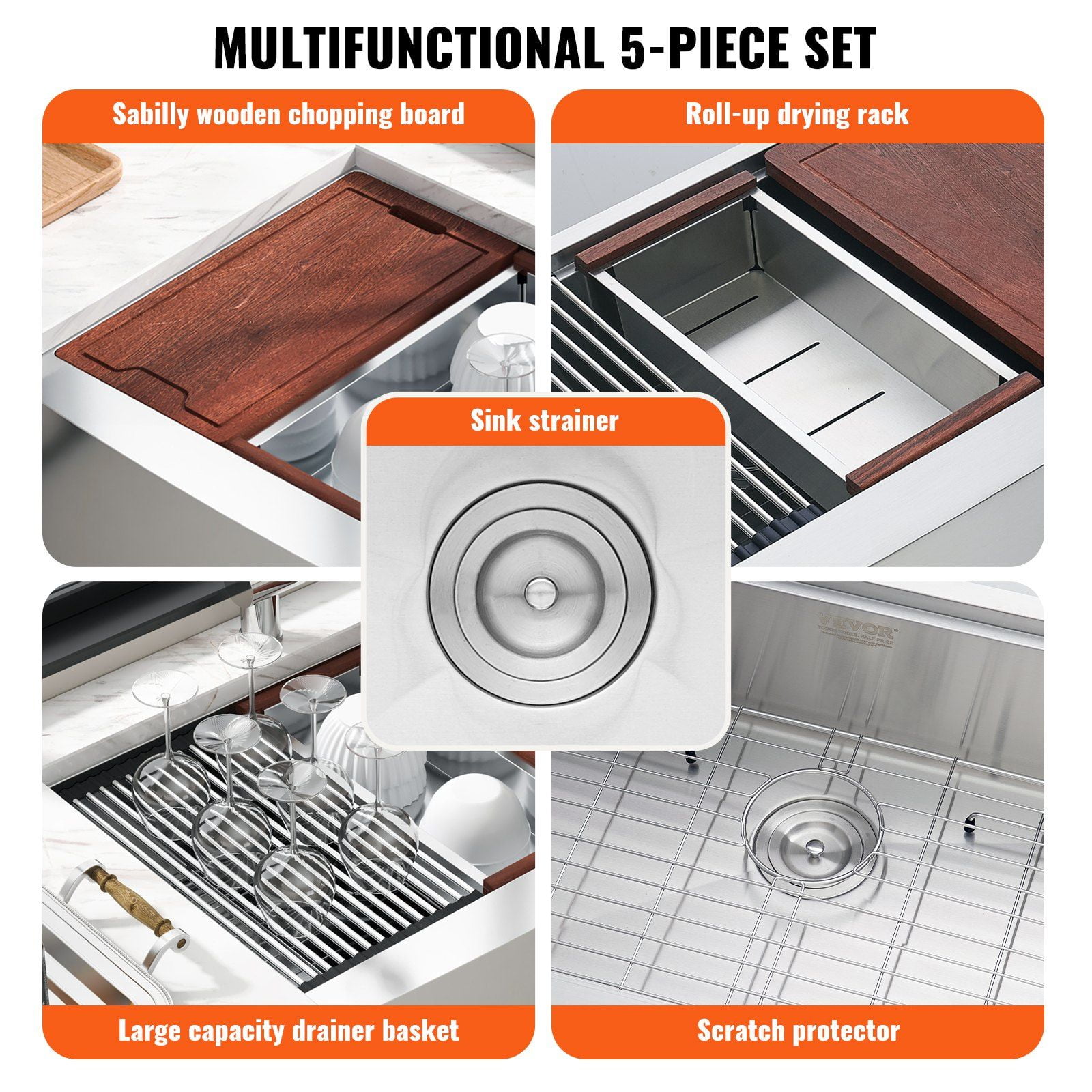 Workstation Prep Kitchen Sink, 30-inch Single Bowl 304 Stainless Steel Drop-In Farm Sink with Ledge & Accessories, for Household Dishwasher and Bar