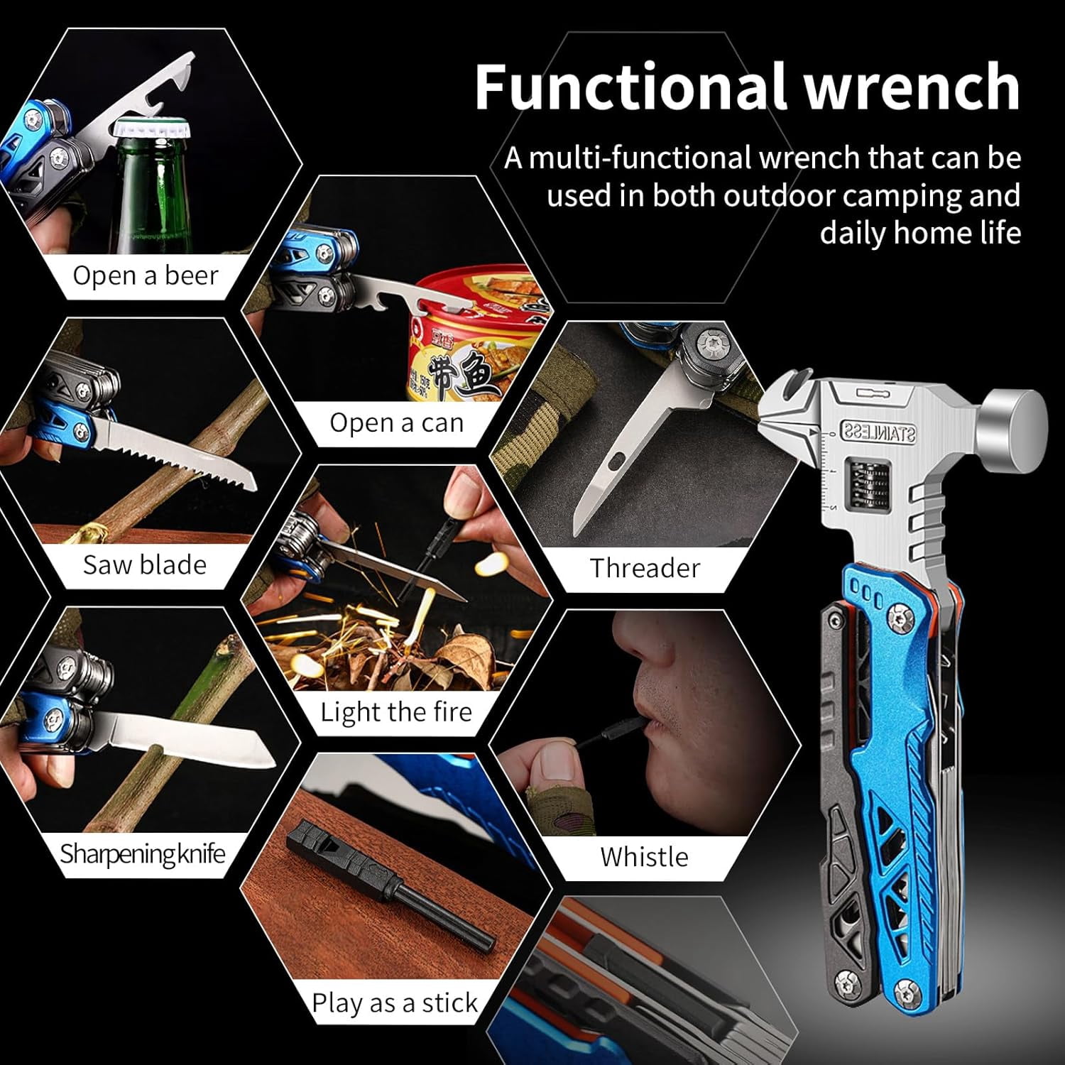 Outdoor Camping Multi-Function Wrench Hammer Emergency Car Combination Tool Hammer Stainless Steel Folding Nail Extractor Hammer & Pliers The perfect gift for men