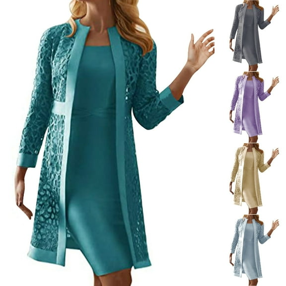 Lovzfmll Women's 2-Piece Set, Lace Hollow Out Cardigan & Sleeveless Dress, 2025 Trendy Matching Outfit