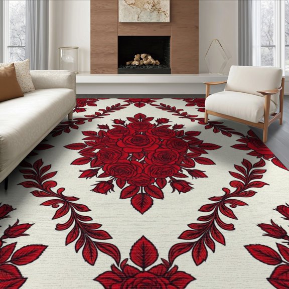 ODIKA 8'x10' Washable Area Rug Durable, Non-Slip Circle Semi Botanical Arrangement Symmetrical Decorative Border for Living Room, Under Sectional, Family