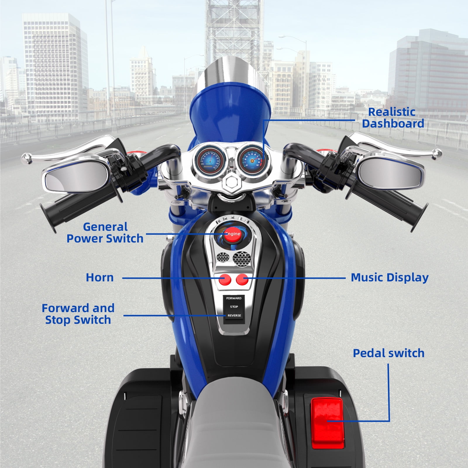 XJD Kids Electric Motorcycle, 6V Battery Powered Ride on Chopper Motorcycle with Horn, Headlights, 3 Wheels Electric Motorcycle for Children, Blue