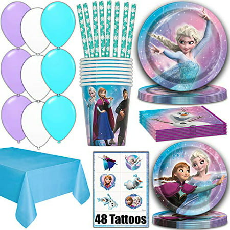 Frozen Party Supplies for 16 - Dinner Plates, Cake Plates, Napkins, Cups, Straws, Tablecover, Balloons, Tattoos - Disney Frozen Theme Birthday Pack Disposable tableware, decorations, Favors