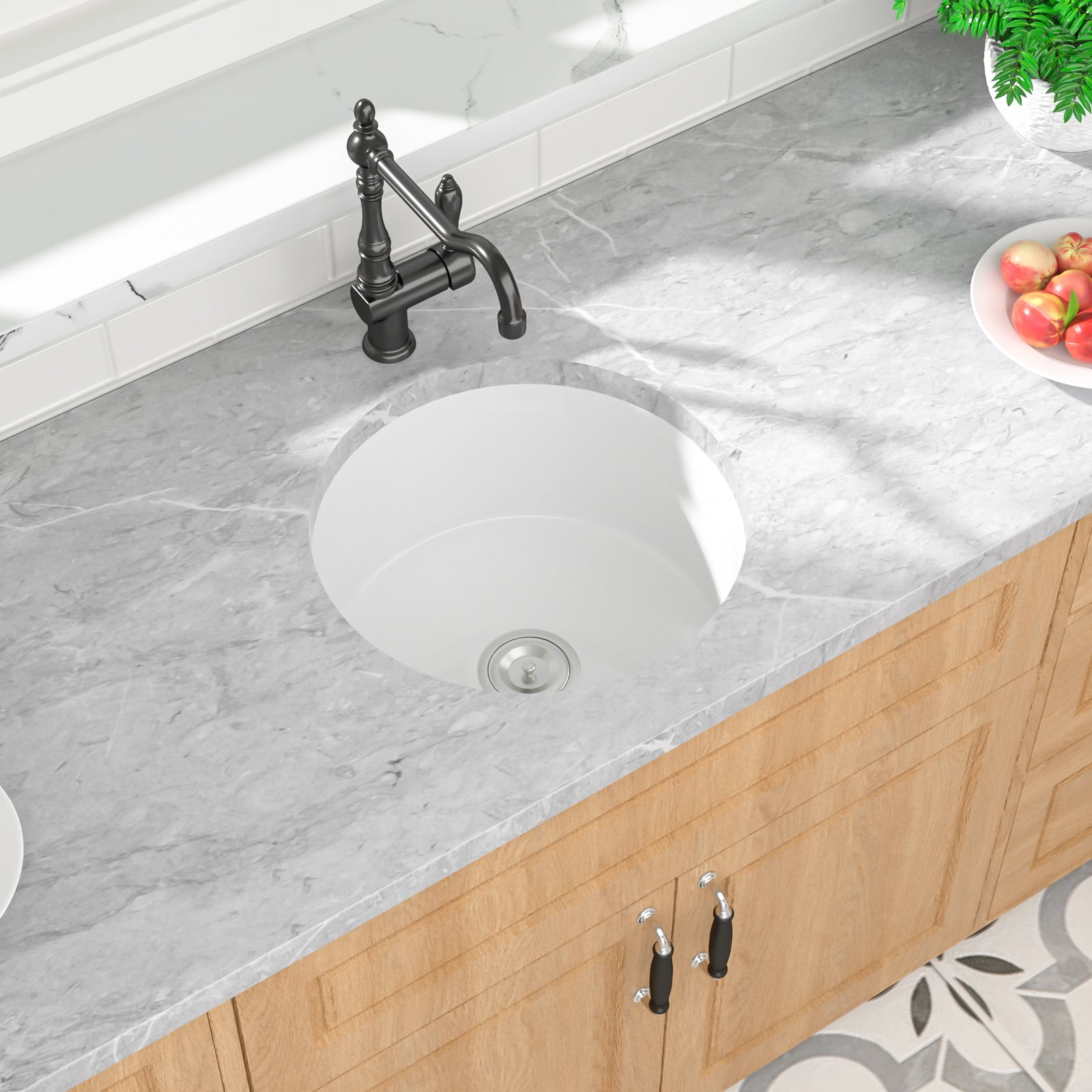 18 Inch Round White Kitchen Ceramic Sink Single Bowl Undermount Porcelain Sink with Bottom Grid and Drain Assembly Combo