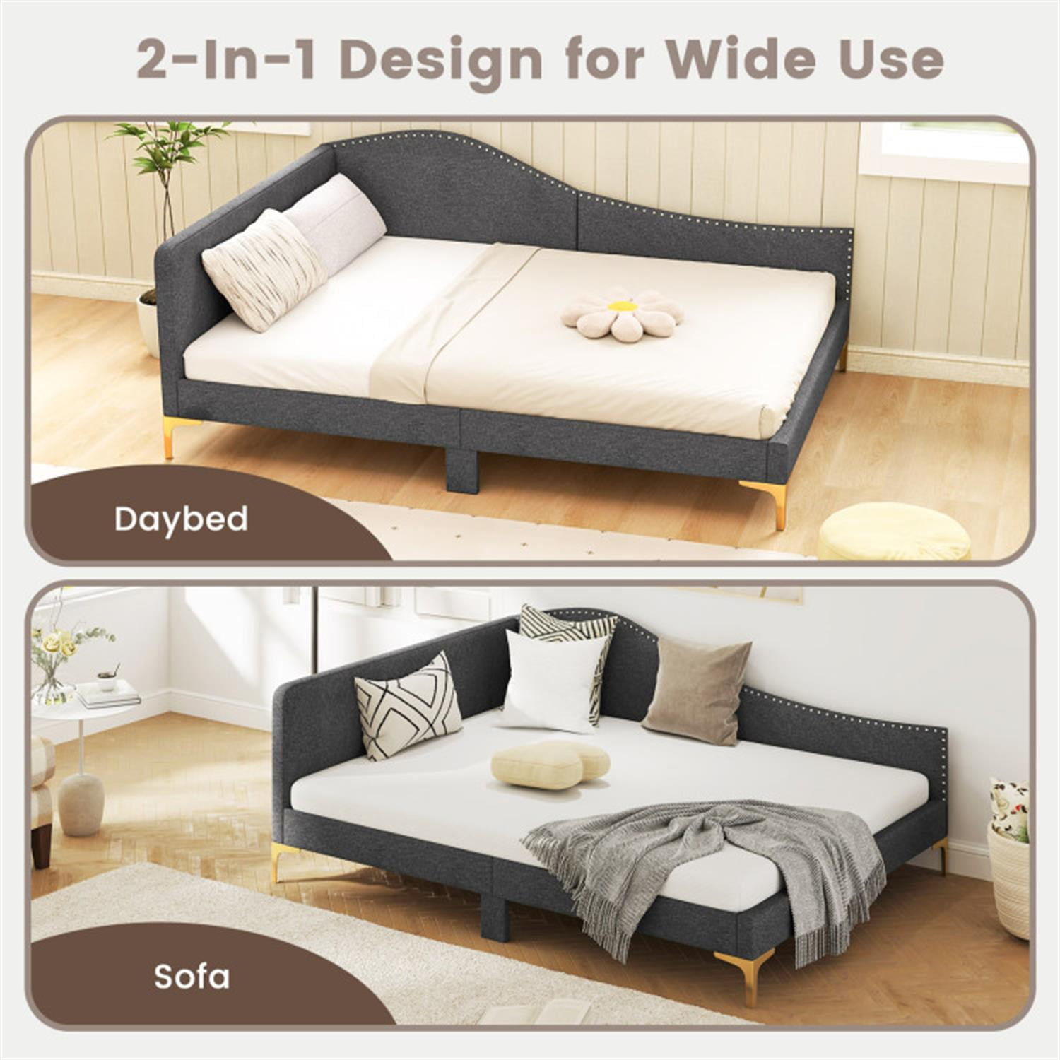 Demi Bonn Full Size Rivet-Tufted Daybed with Metal Legs and Wood Slats, Platform Bed Frame for Living Room, Bedroom and Guest Room, Gray