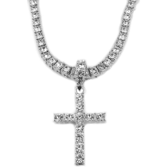 Zephyriana White Crystals Cross Pendant Necklace, with Rhinstone Chain Necklace Jewelry