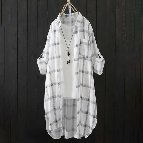 ZJXFGS Women's Oversized Jacket Coats 2025 Plus Size Plaid Shacket Loose Fit Long Boyfriend Shirts Button Down Flannel Shirts Blue L