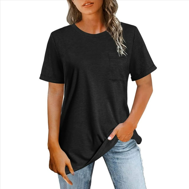 Camisetas de Verano para Mujer, Informales, de Corta con Bolsillo, Cuello Redondo, Corte Clásico Negro XL