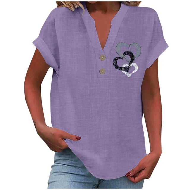 Yuyuzo Plus Size Tops for Women Cotton Linen Short Sleeve T-Shirts Button V Neck Loose Soft Blouses