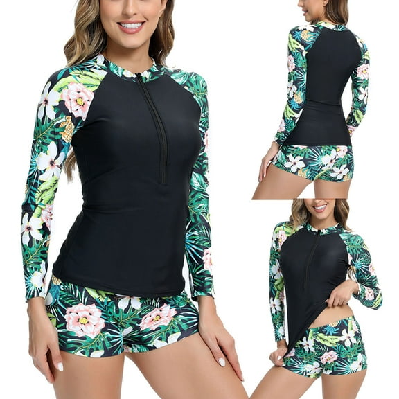 VBTAPA Women Two Piece Rash Guard Long Sleeve Swimwear UV UPF 50 Bathing Suit Tropical Print Swim Shirt with Boyshort Bottom Lightning Sales Green S