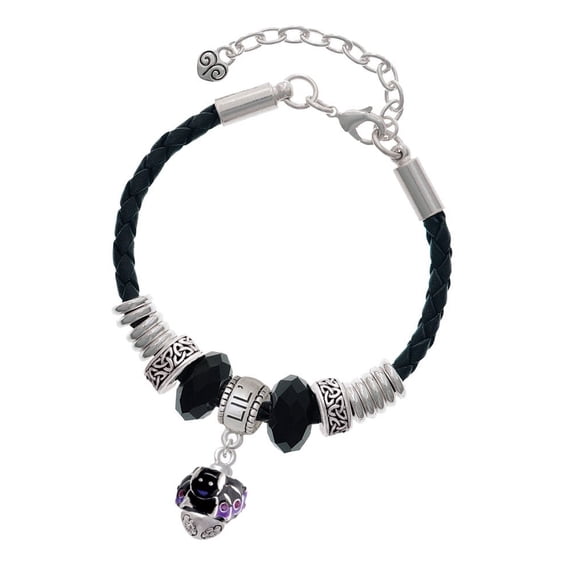 Delight Jewelry Silvertone Black and Purple Bats with Crystals Spinner Sister Celtic Knot Leather Bead Bracelet, 7" 2" Extender