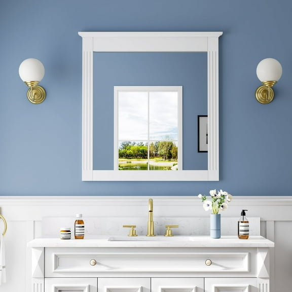 ANGELES HOME 33" x 32" Wall-Mounted Vanity Mirror, Solid Wooden Framed Makeup Mirror, Bathroom Wall Mirror for Bedroom Living Room Entryway, White