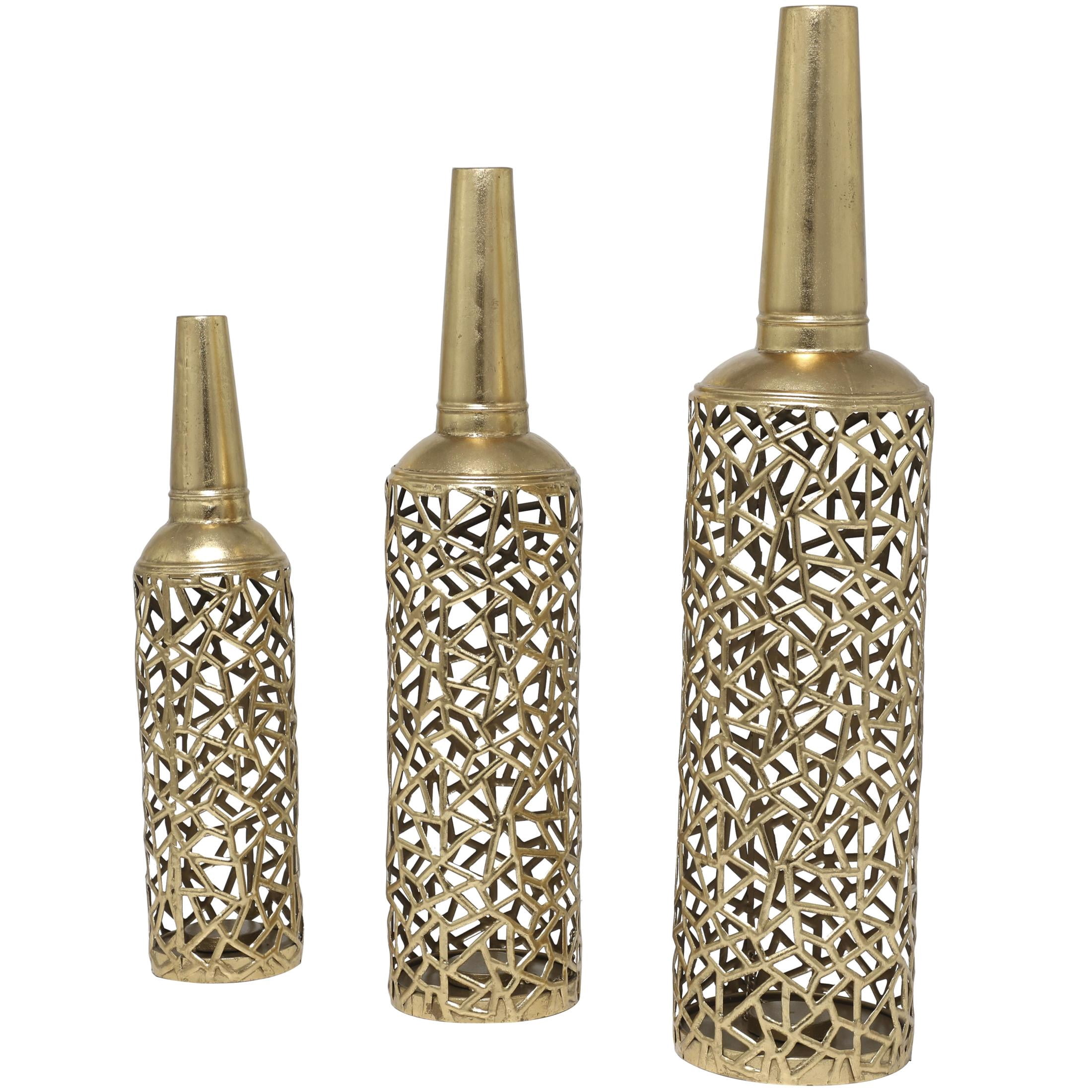 DecMode 30, 25, 21"H Geometric Tall Slim Floor Gold Metal Vase with Open Frame Design, Set of 3