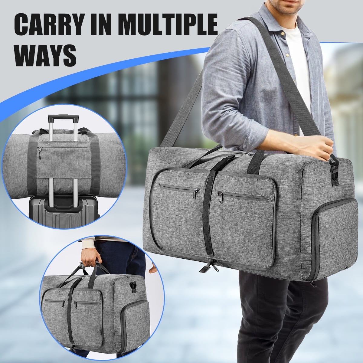 DAKOMM Travel Duffle Bag, 65L Foldable Weekender Bags for Women with Shoe Compartment, Carry on Overnight Bag for Men Women, 24" Gym Travel Bag Water Repellent & Tear Resistant, Gray