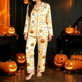 thumbnail image 2 of CONROSES Hallowmas Pajama Set for Women 2 Peice Halloween Pjs Cartoon Ghost Pumpkin Graphic Long Sleeve Buttons Tops Pants Loungewear Sets Cozy Nightwear Sleepwear, 2 of 4