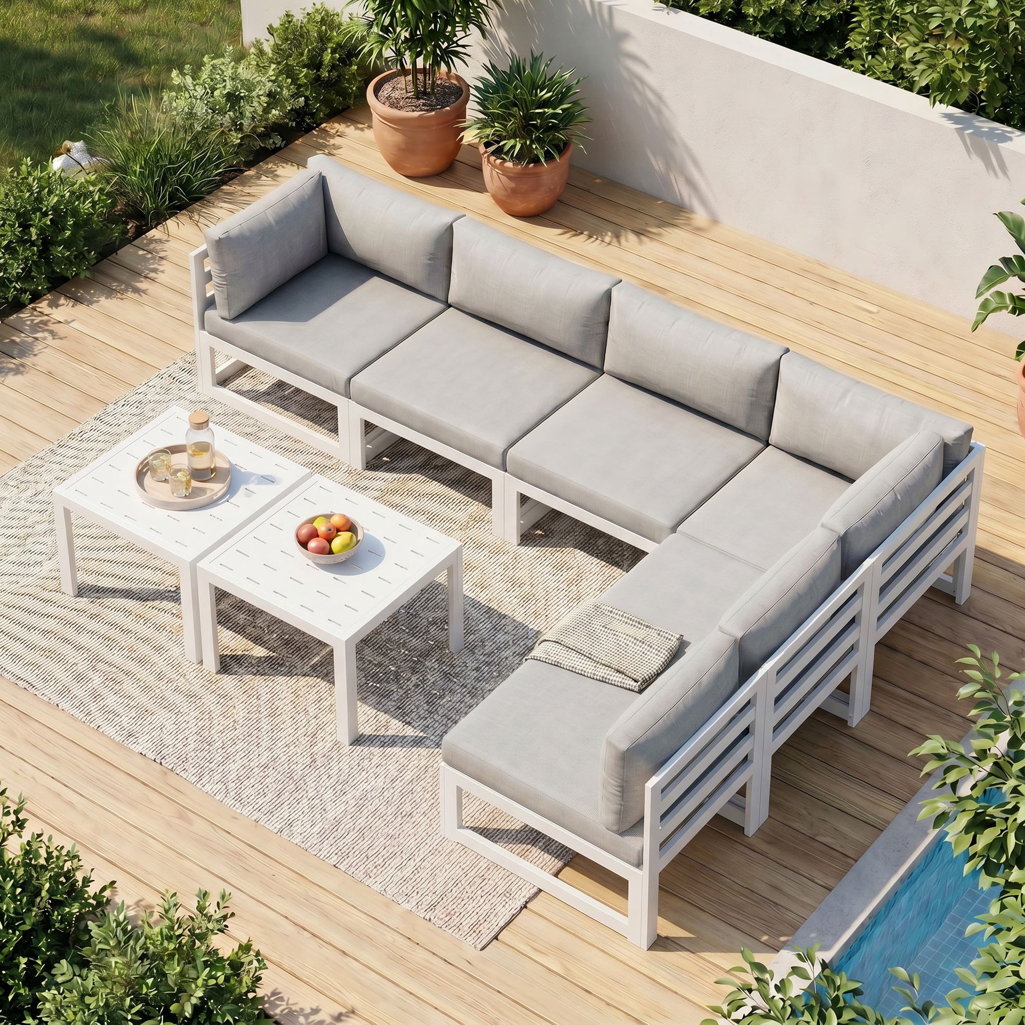 RADIATA Patio Aluminum Furniture Set with Oversized 29" Seats&Coffee Table, 8 Pieces Large Outdoor Modern Sectional Conversation Sofa Set with 4" Cushions for Backyard, Poolside, White&Light Gray