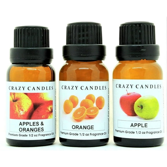 Crazy Candles 3 Bottles Set, 1 Apples & Oranges, 1 Orange, 1 Apple 1/2 Fl Oz Each (15ml) Premium Grade Scented Fragrance Oils